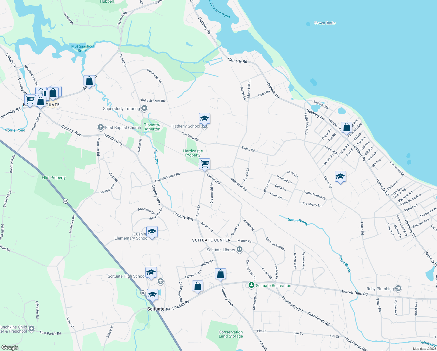 map of restaurants, bars, coffee shops, grocery stores, and more near 8 Woodland Road in Scituate