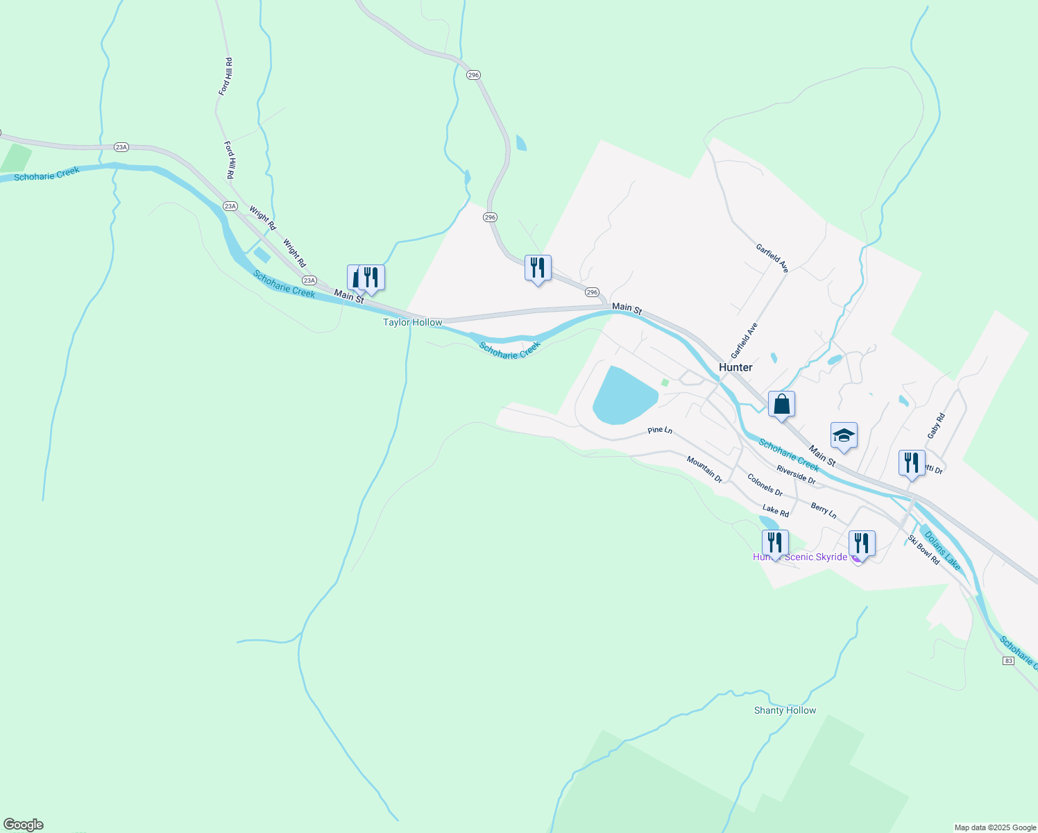map of restaurants, bars, coffee shops, grocery stores, and more near 601-623 Hunter Ln in West Kill