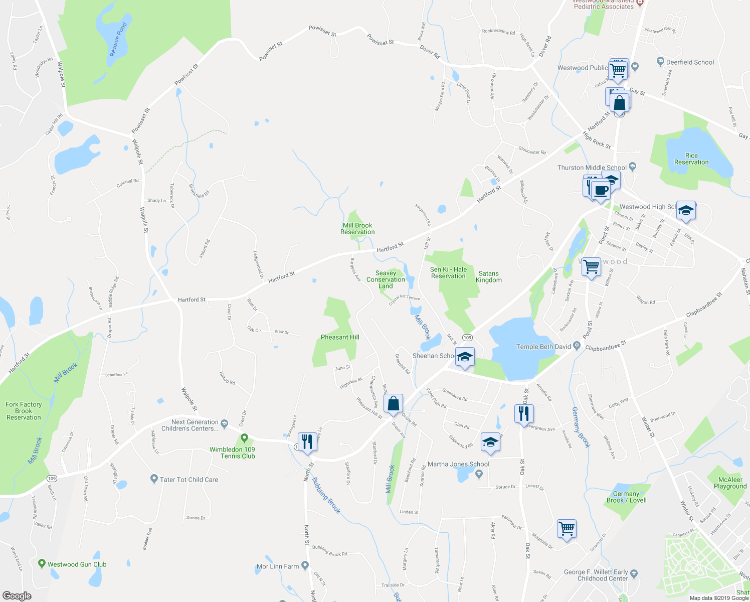 map of restaurants, bars, coffee shops, grocery stores, and more near 221 Burgess Avenue in Westwood