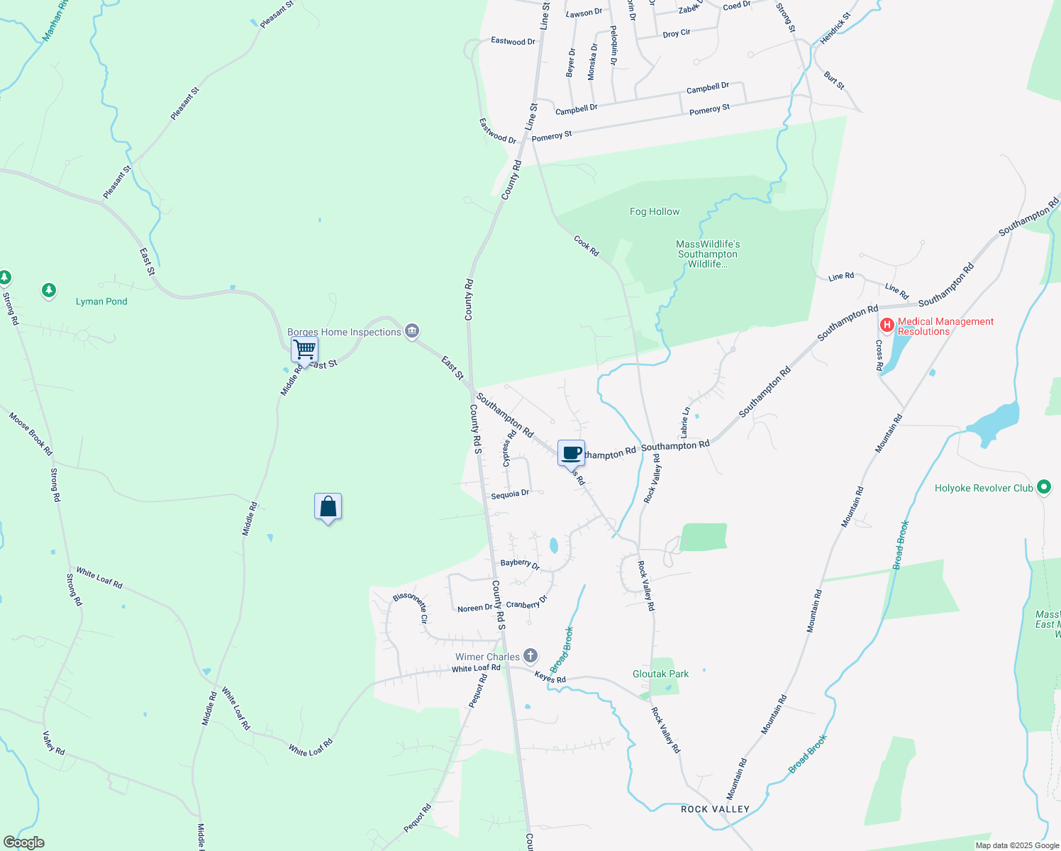 map of restaurants, bars, coffee shops, grocery stores, and more near 413 Southampton Road in Holyoke