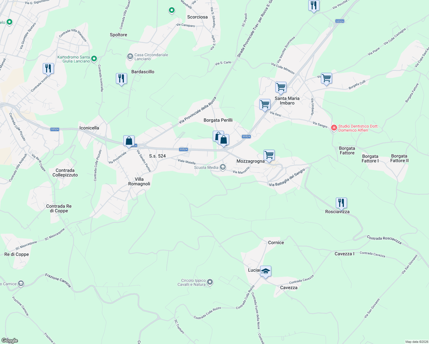 map of restaurants, bars, coffee shops, grocery stores, and more near 29 Via Brasile in Mozzagrogna