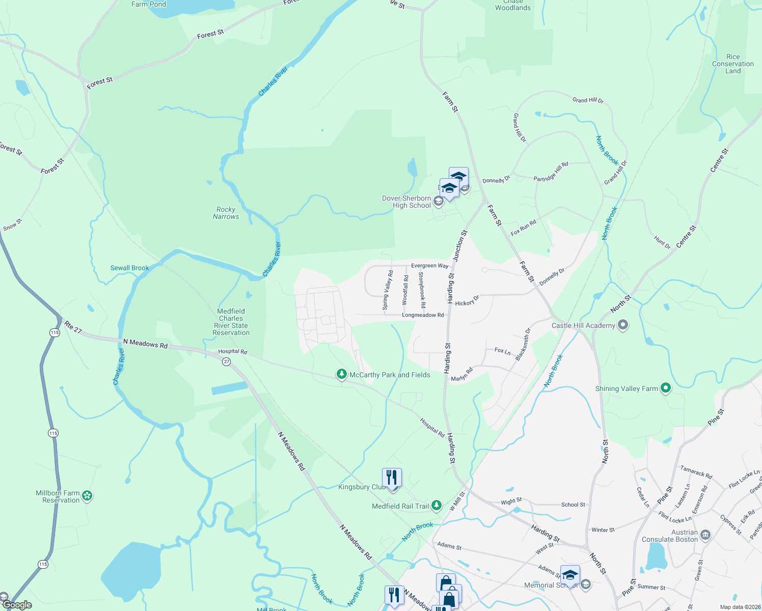 map of restaurants, bars, coffee shops, grocery stores, and more near 5 Spring Valley Road in Medfield