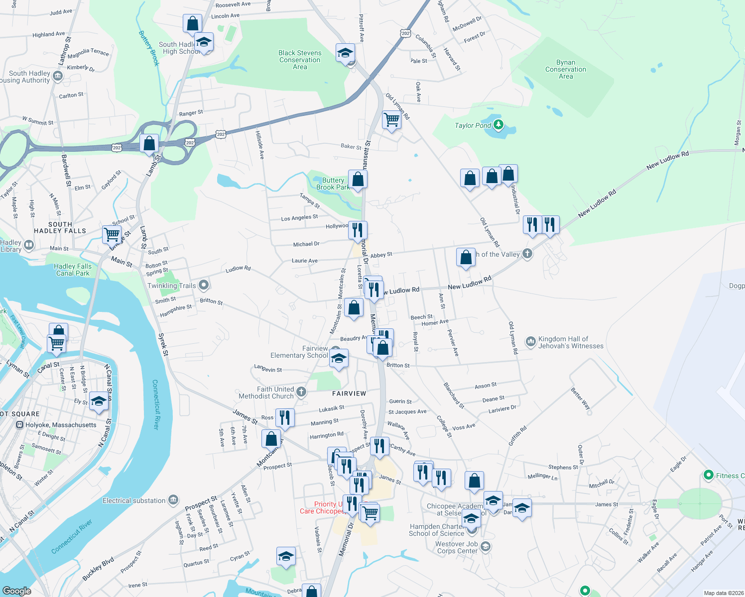 map of restaurants, bars, coffee shops, grocery stores, and more near 1979 Memorial Dr in Chicopee