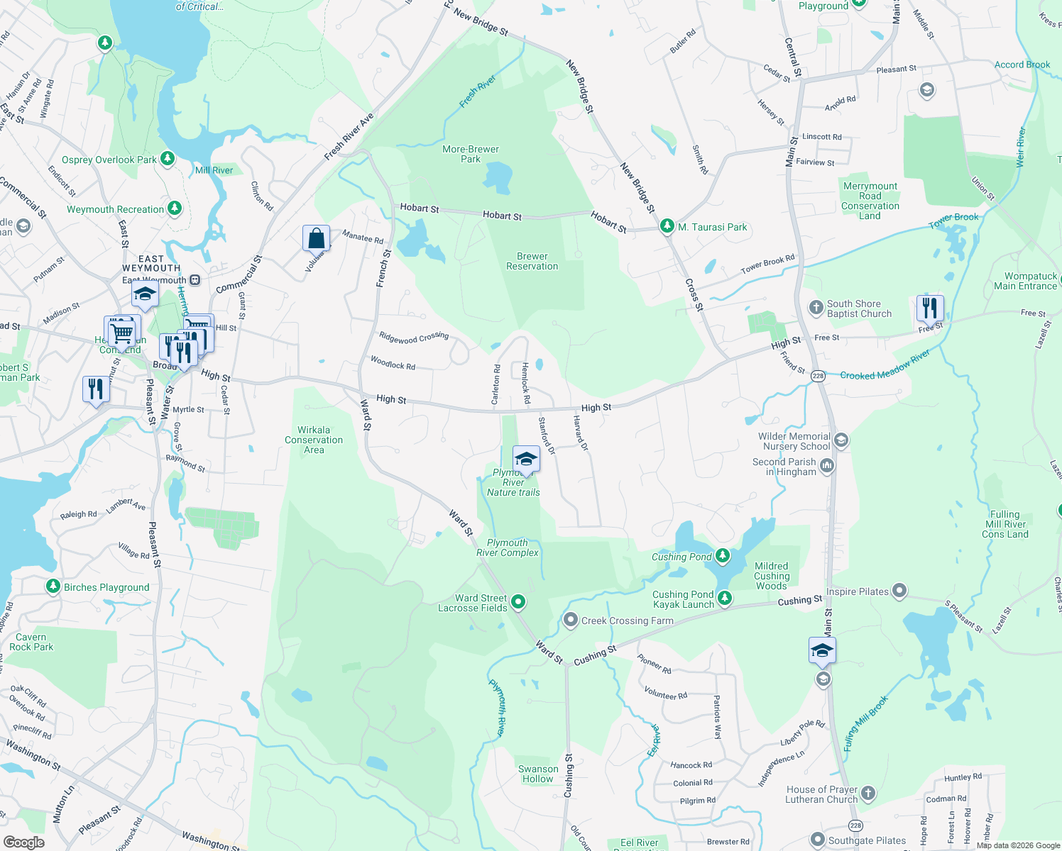 map of restaurants, bars, coffee shops, grocery stores, and more near 190 High Street in Hingham