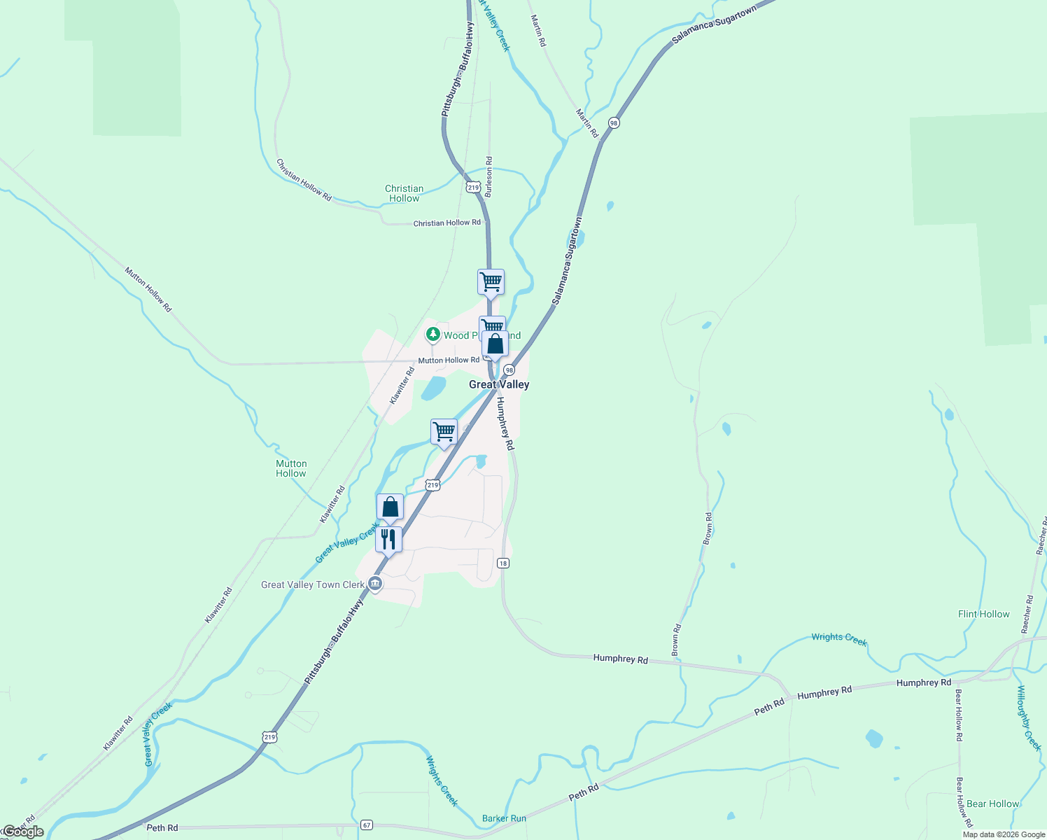map of restaurants, bars, coffee shops, grocery stores, and more near 5980 Humphrey Road in Great Valley