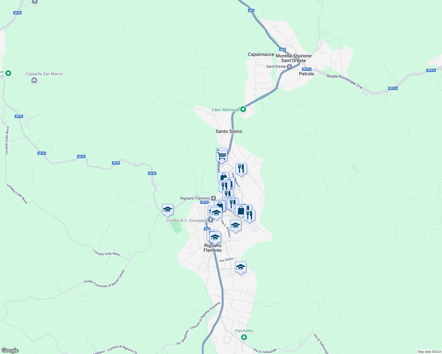 map of restaurants, bars, coffee shops, grocery stores, and more near 118 SS3 in Rignano Flaminio