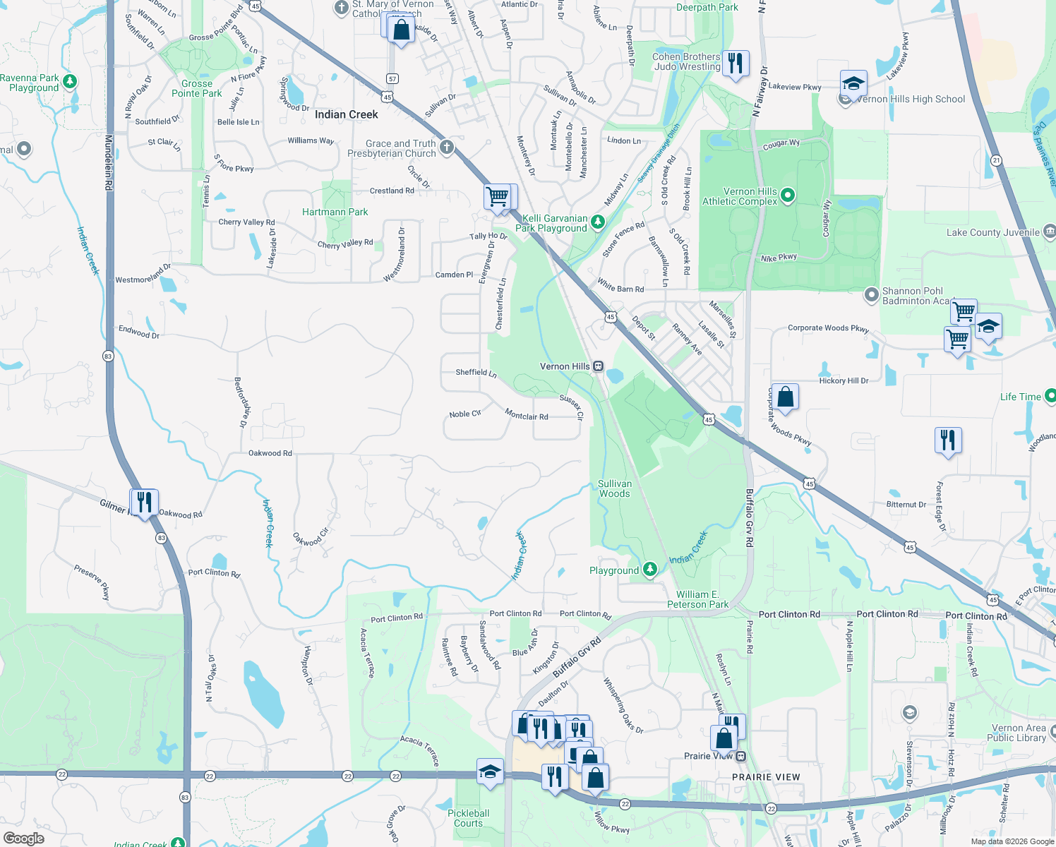 map of restaurants, bars, coffee shops, grocery stores, and more near 734 Nardis Drive in Vernon Hills