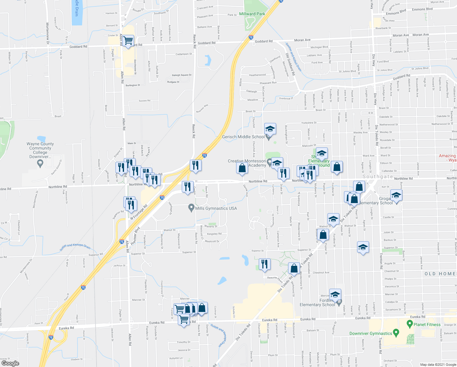map of restaurants, bars, coffee shops, grocery stores, and more near 15675 Northline Rd in Southgate