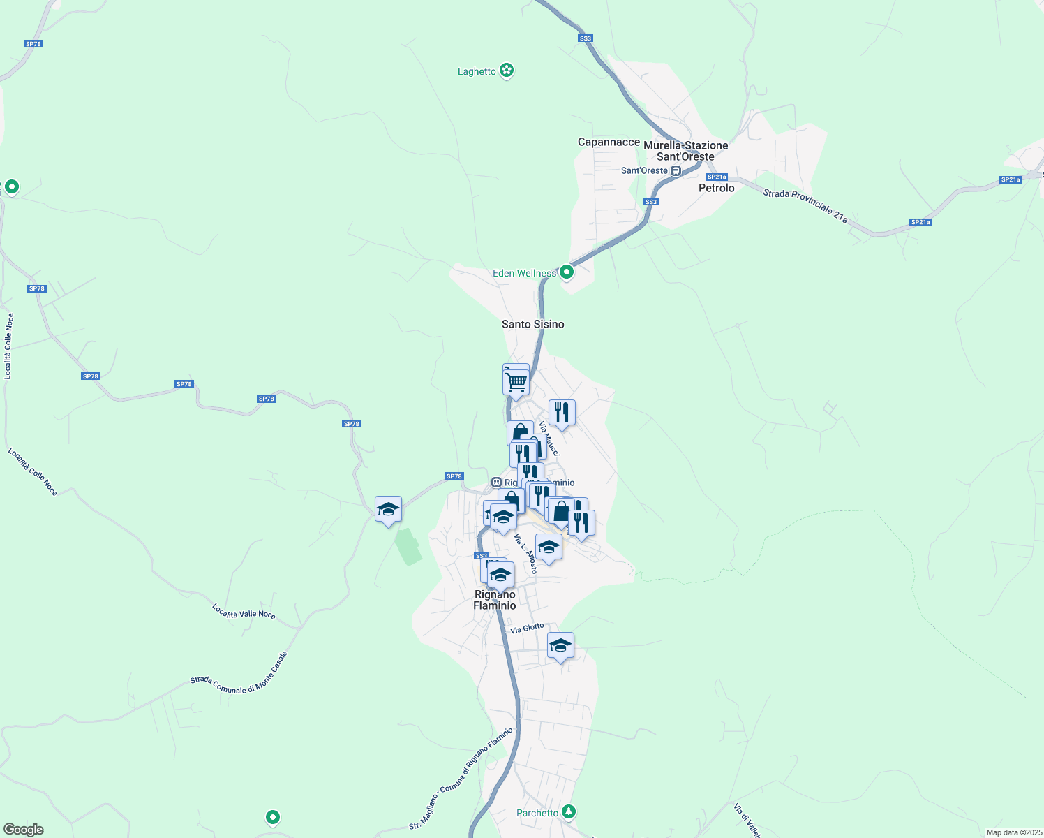 map of restaurants, bars, coffee shops, grocery stores, and more near 118 Strada Statale 3 in Rignano Flaminio