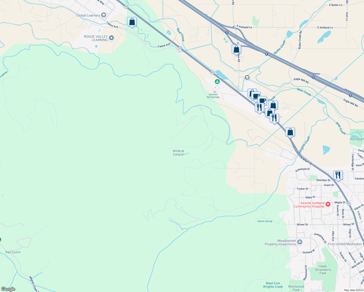 map of restaurants, bars, coffee shops, grocery stores, and more near McKenzie Canyon Road in Jackson County
