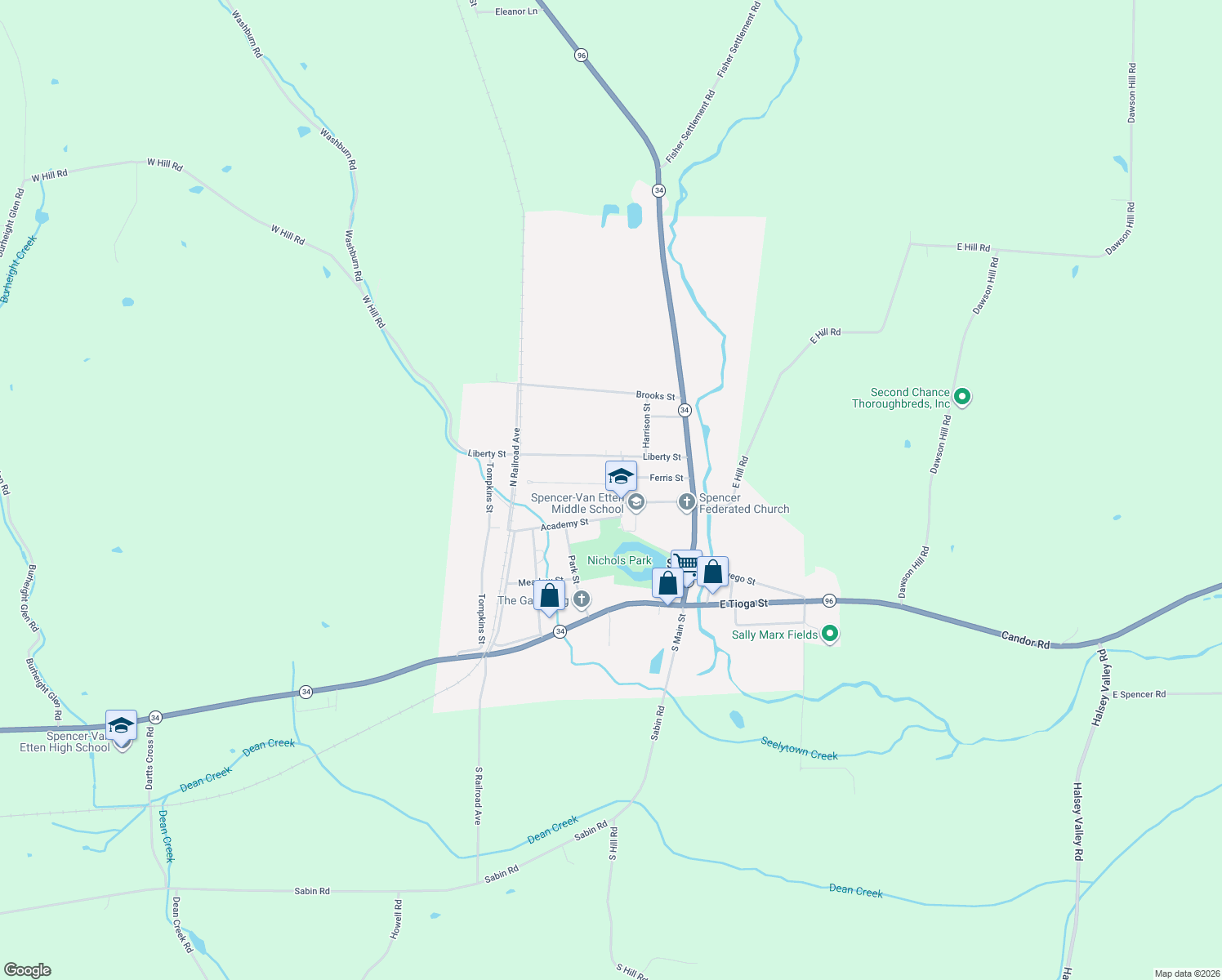 map of restaurants, bars, coffee shops, grocery stores, and more near 20 Nichols St in Spencer