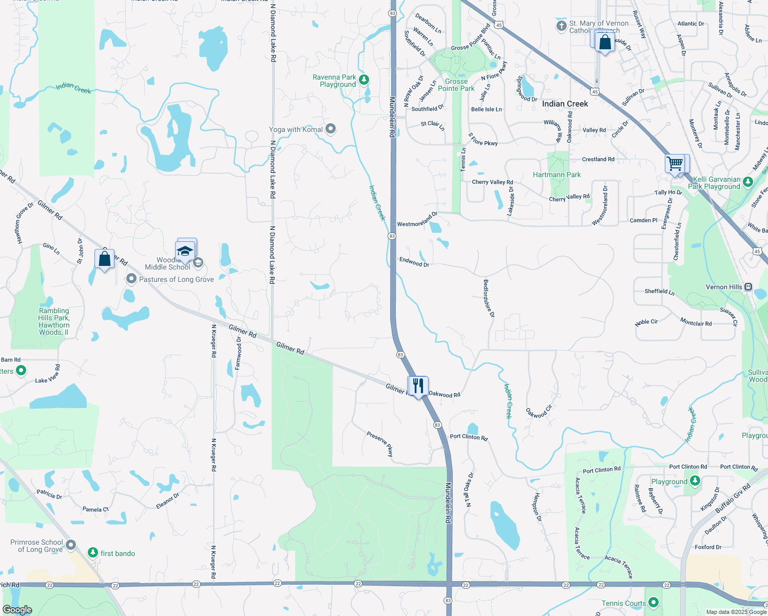 map of restaurants, bars, coffee shops, grocery stores, and more near 6248 Pine Tree Drive in Long Grove