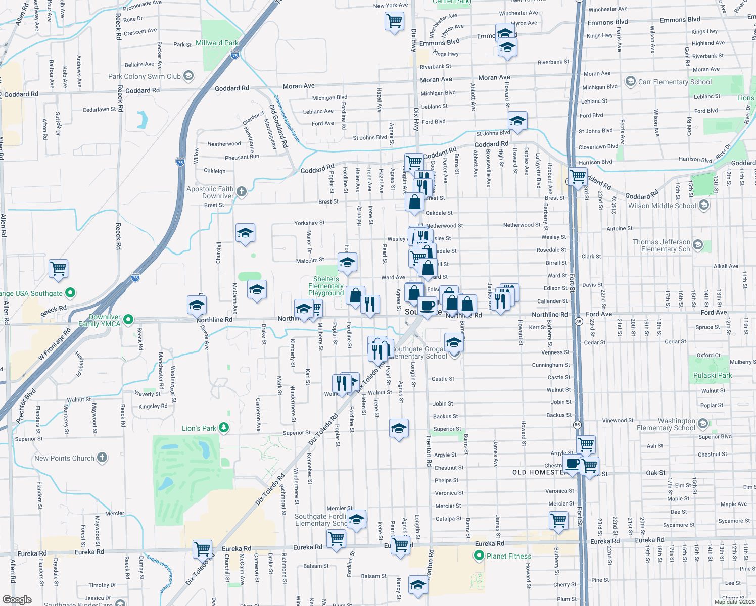 map of restaurants, bars, coffee shops, grocery stores, and more near 12785 Irene Street in Southgate