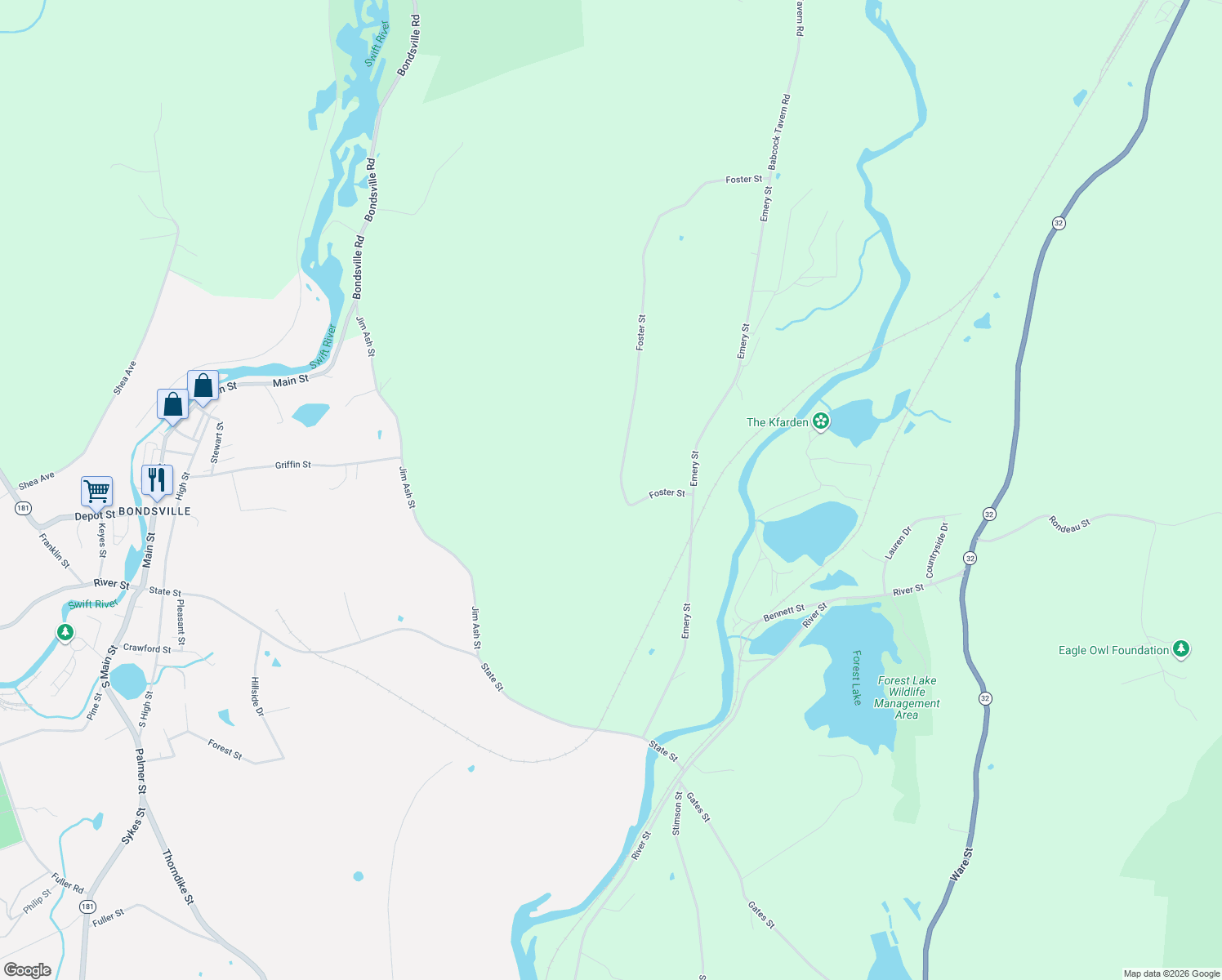 map of restaurants, bars, coffee shops, grocery stores, and more near 46-1 Foster Street in Palmer