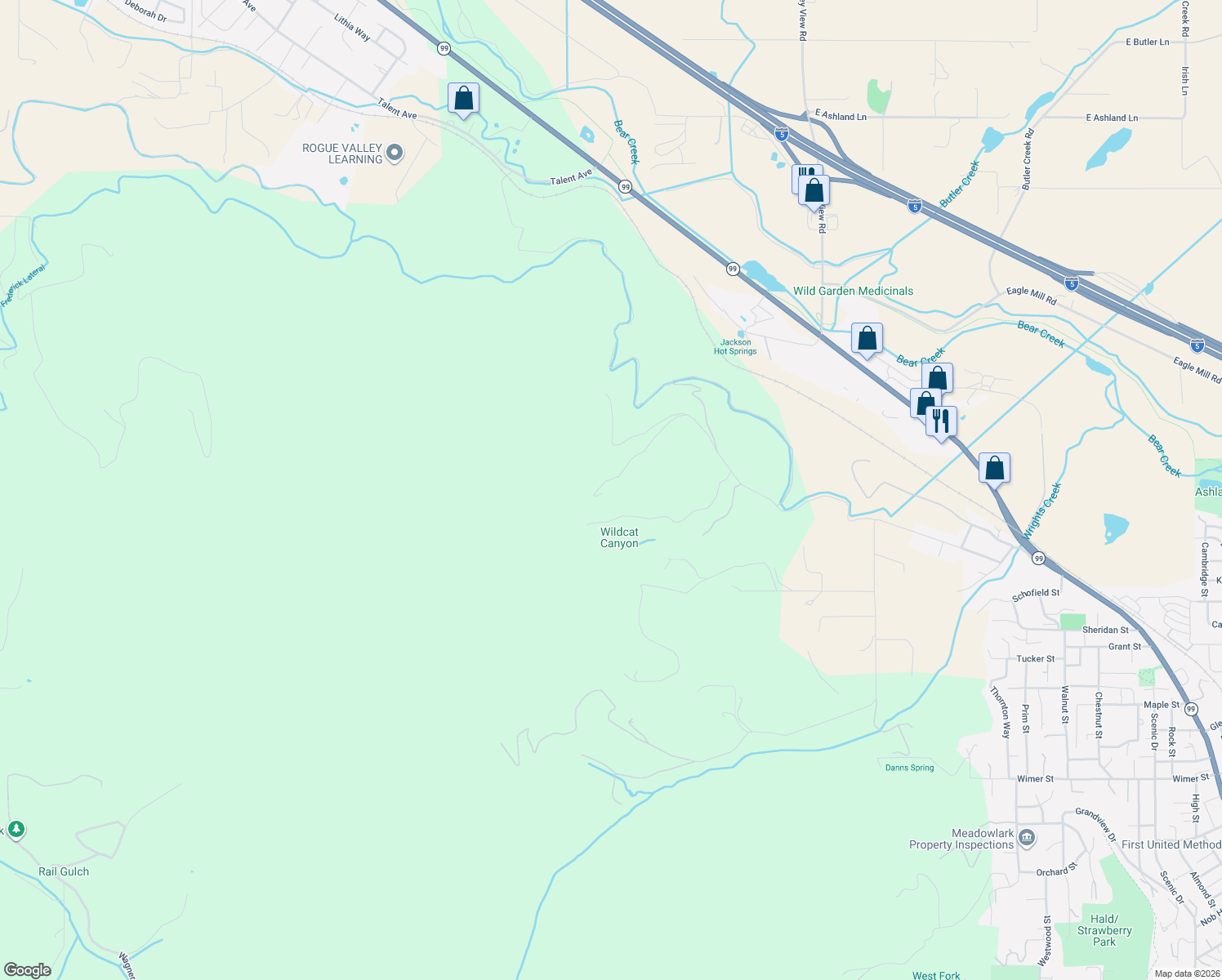 map of restaurants, bars, coffee shops, grocery stores, and more near 1240 McKenzie Canyon Road in Ashland