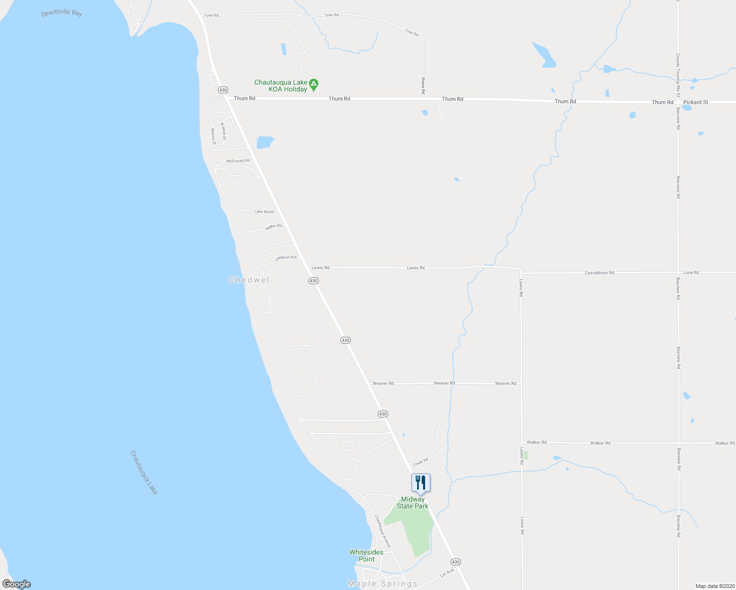 map of restaurants, bars, coffee shops, grocery stores, and more near 5293 Lewis Road in Bemus Point