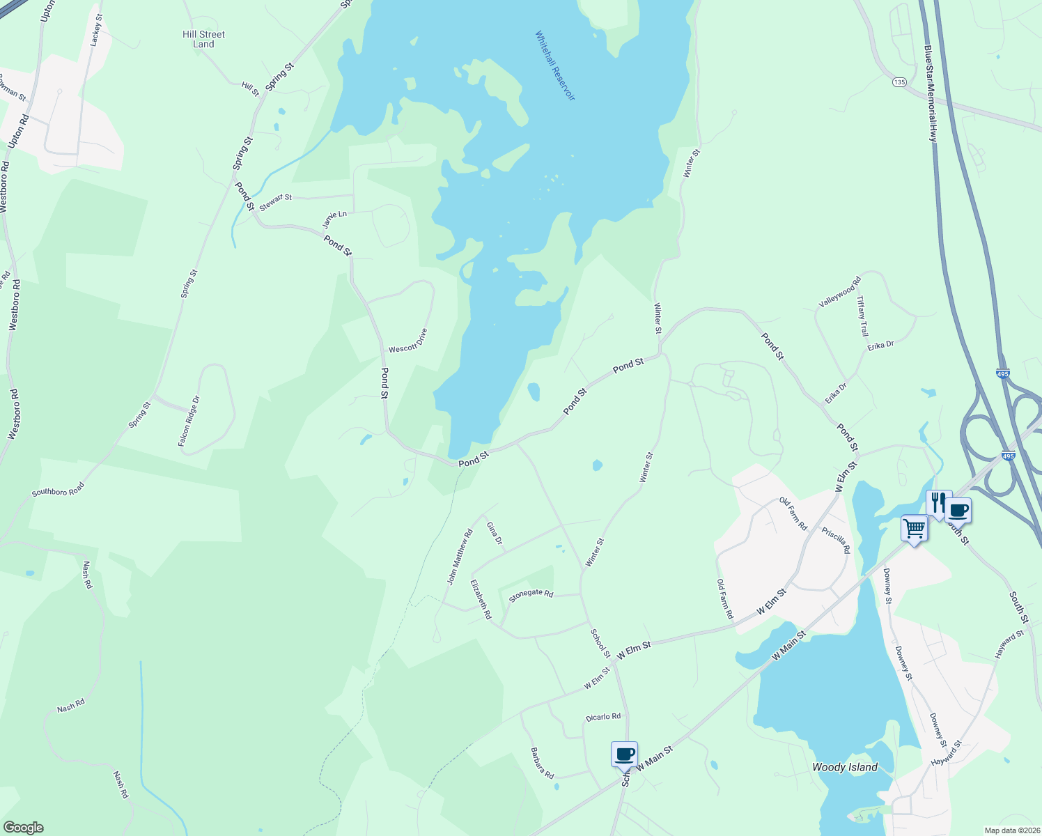 map of restaurants, bars, coffee shops, grocery stores, and more near 156 Pond Street in Hopkinton