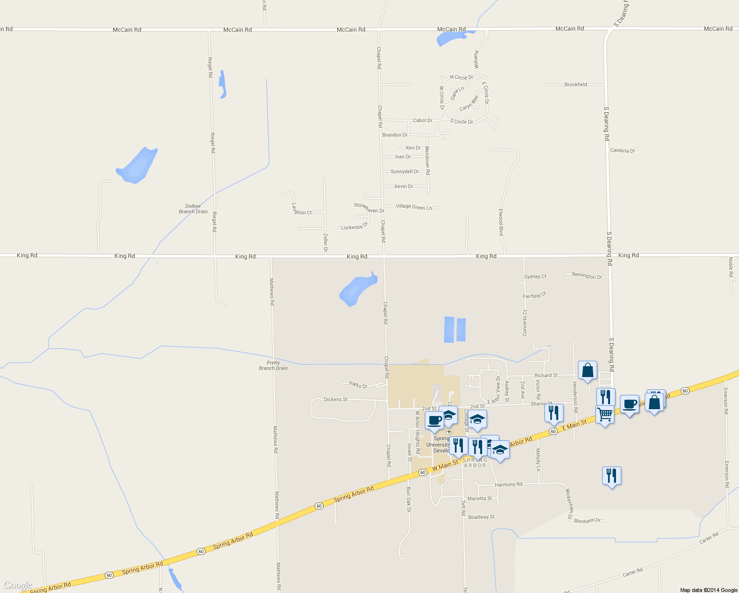 map of restaurants, bars, coffee shops, grocery stores, and more near 3222 Chapel Road in Spring Arbor