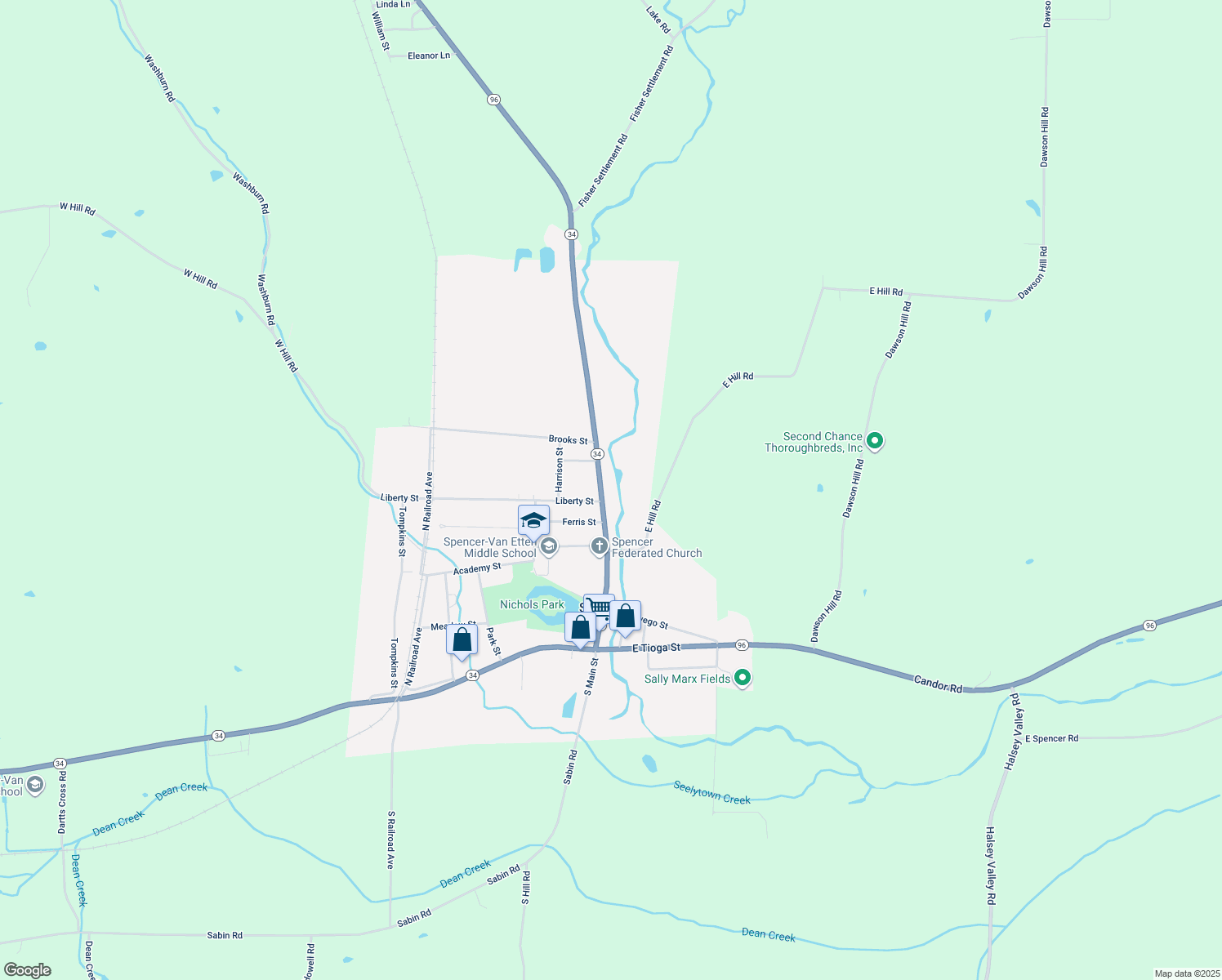 map of restaurants, bars, coffee shops, grocery stores, and more near 107 North Main Street in Spencer