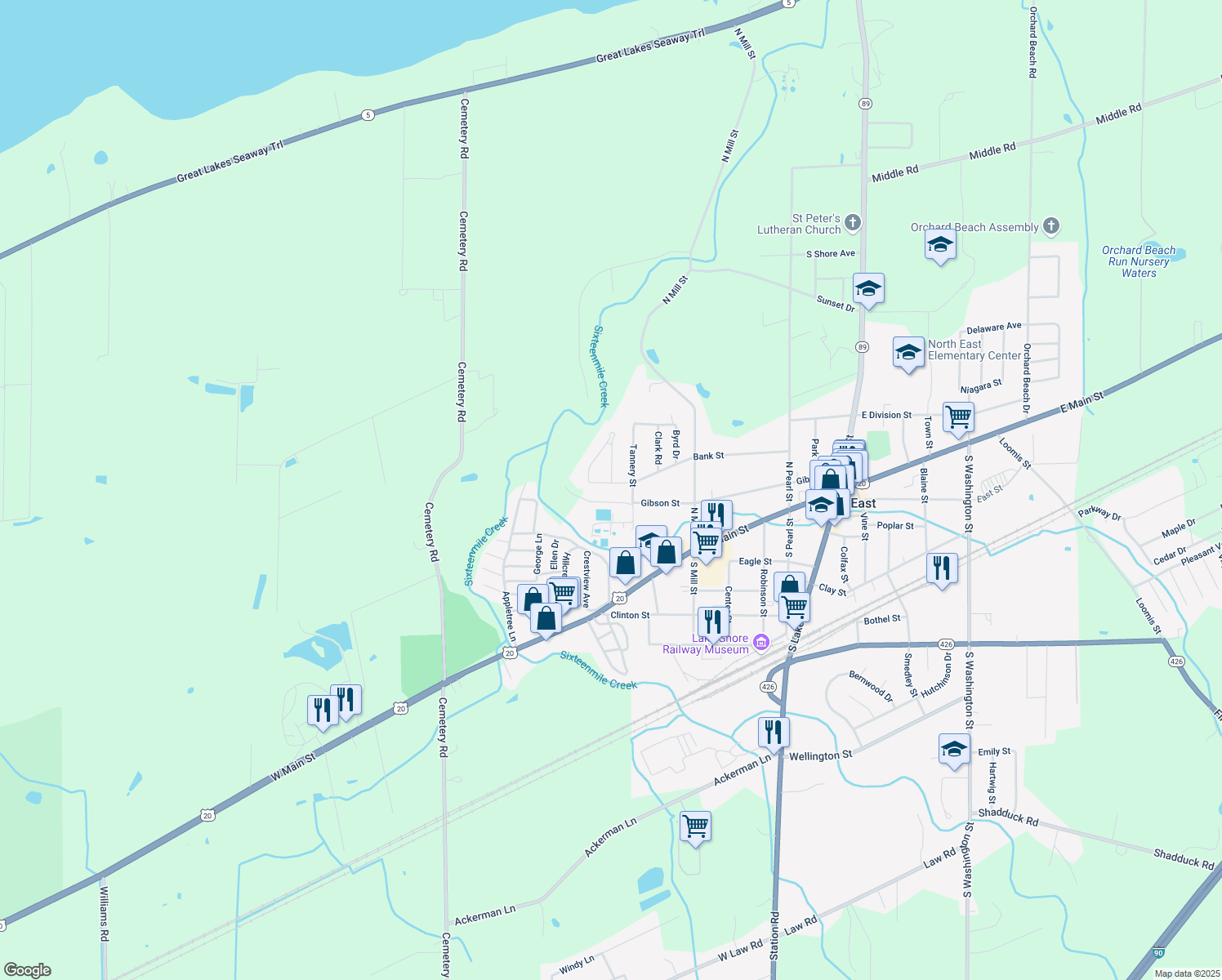 map of restaurants, bars, coffee shops, grocery stores, and more near 175 Bank St in North East