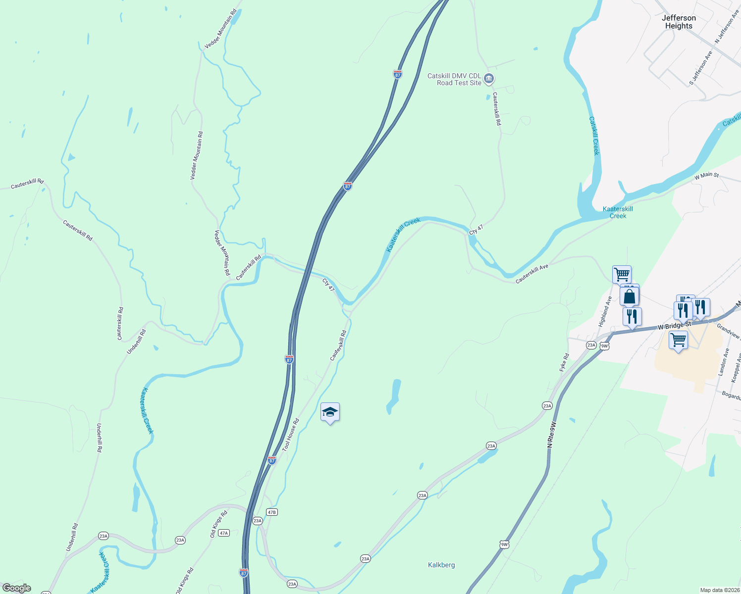 map of restaurants, bars, coffee shops, grocery stores, and more near 5056-5250 Cty 47 in Catskill