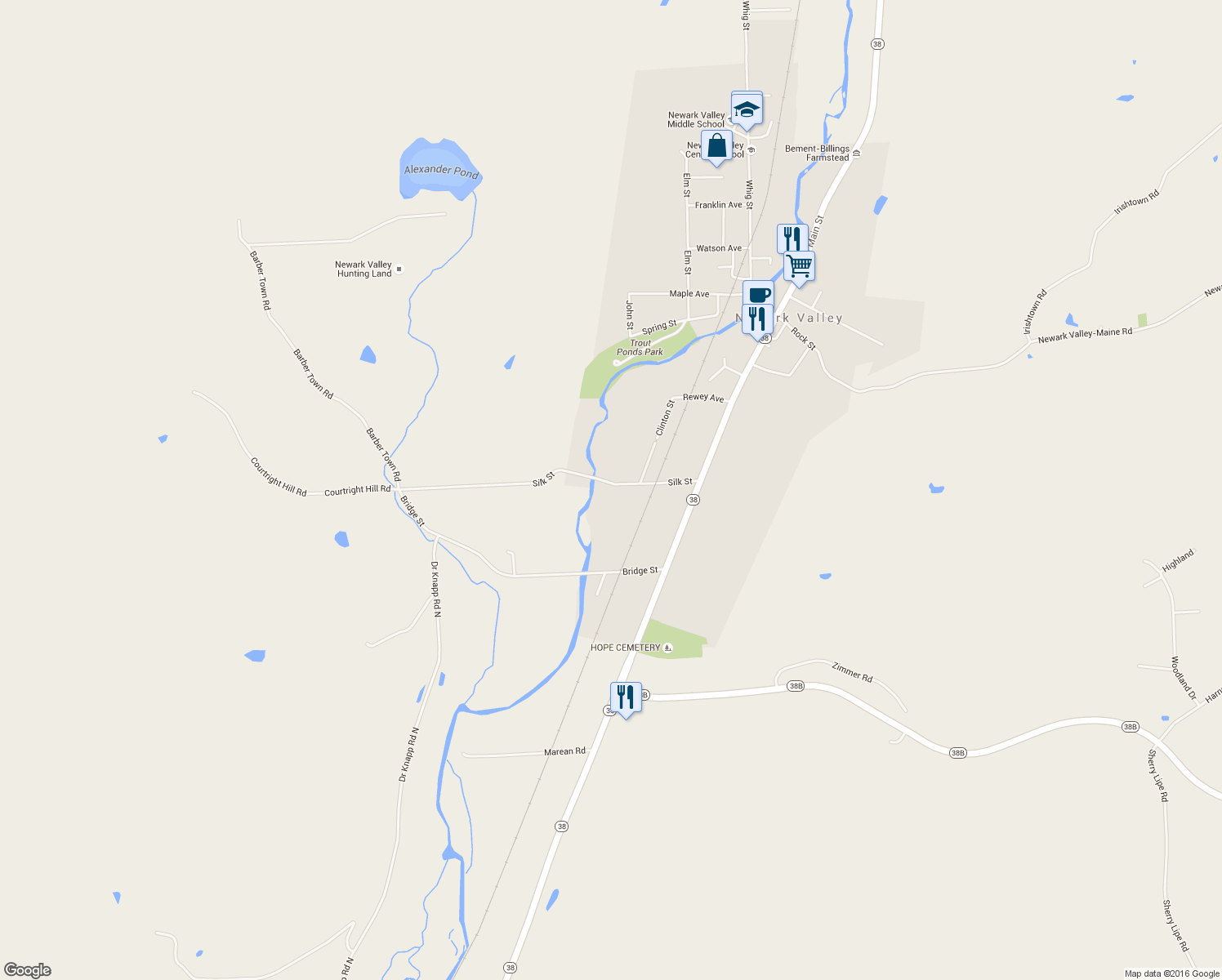 map of restaurants, bars, coffee shops, grocery stores, and more near 41 Silk Street in Newark Valley