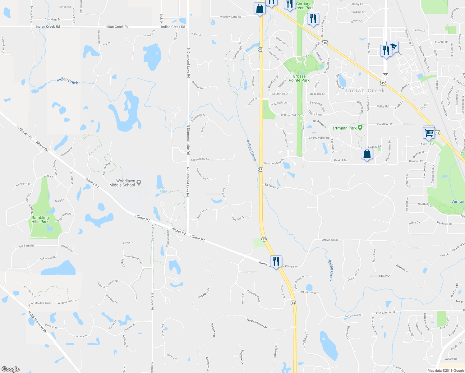 map of restaurants, bars, coffee shops, grocery stores, and more near 6232 Pine Tree Court in Long Grove