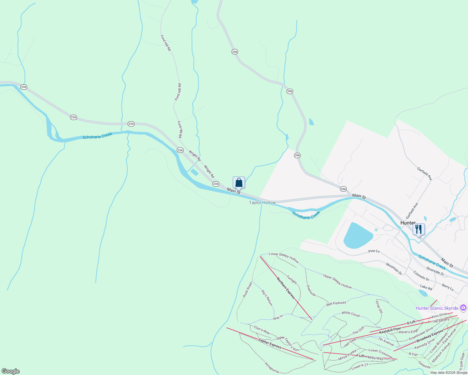 map of restaurants, bars, coffee shops, grocery stores, and more near 8496 Highway 23A in Hunter