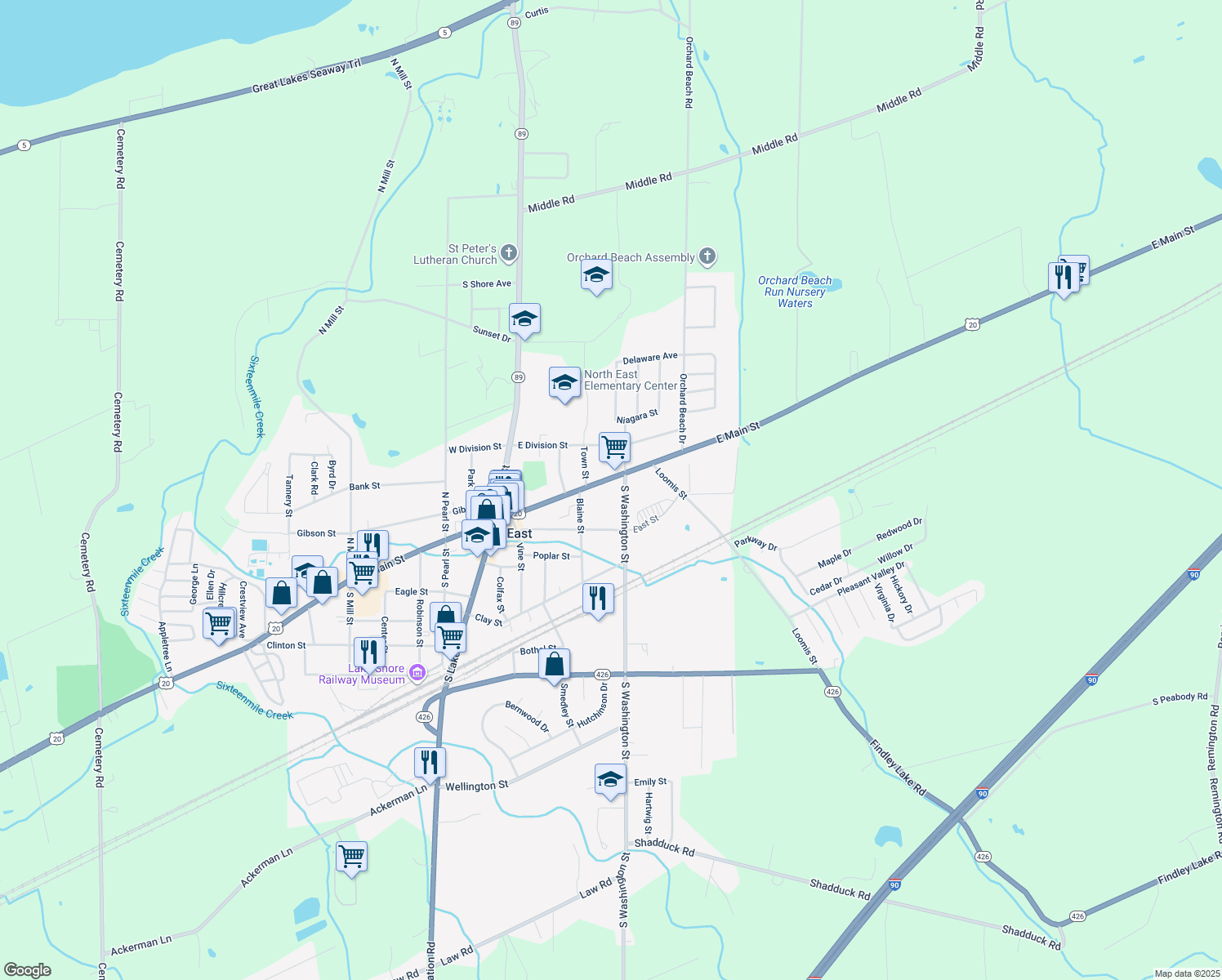 map of restaurants, bars, coffee shops, grocery stores, and more near 99 E Main St in North East