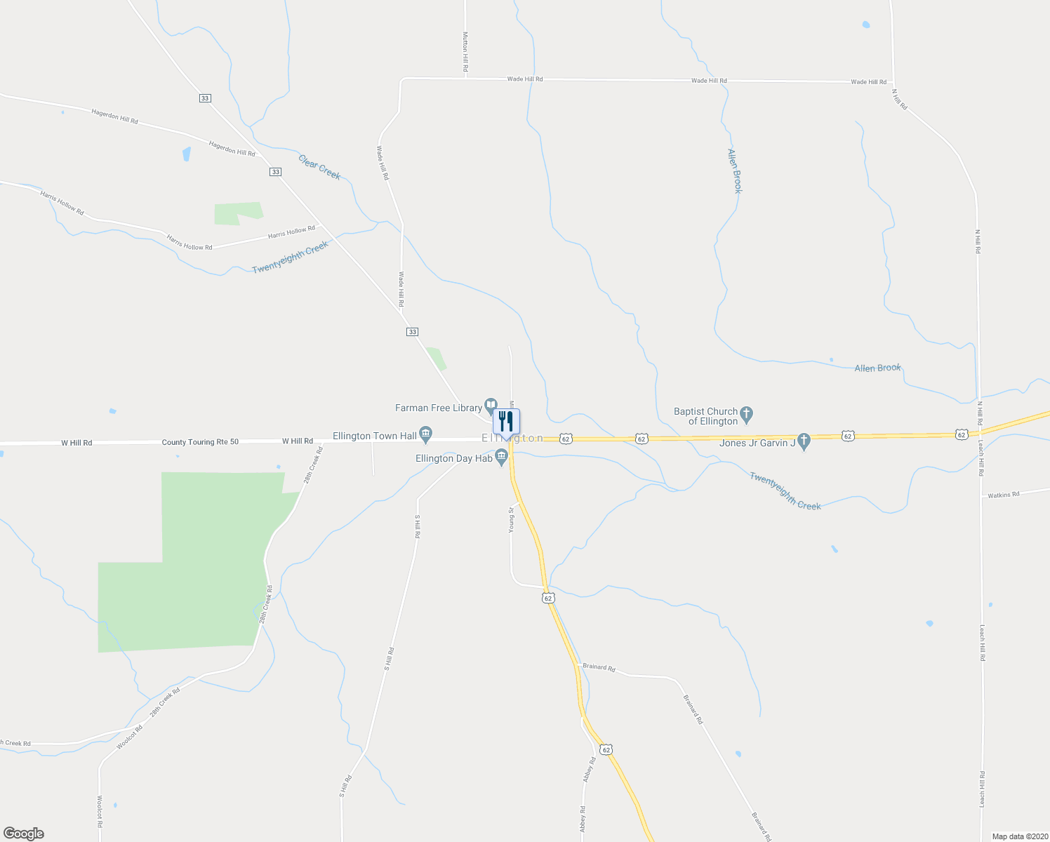 map of restaurants, bars, coffee shops, grocery stores, and more near 5018 Mill Street in Ellington