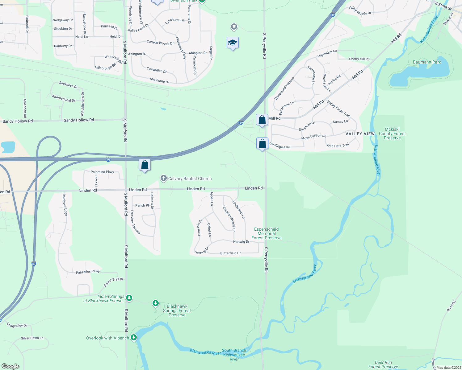 map of restaurants, bars, coffee shops, grocery stores, and more near 6738 Linden Rd in Rockford