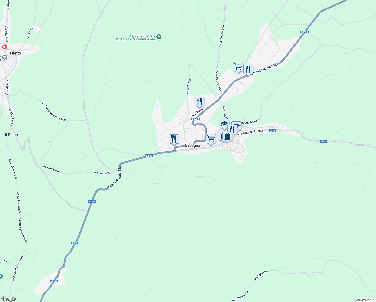 map of restaurants, bars, coffee shops, grocery stores, and more near 221 Via R. Paolucci in Orsogna