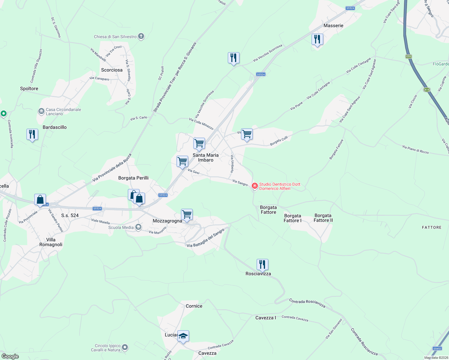 map of restaurants, bars, coffee shops, grocery stores, and more near 1 Via Roma in Santa Maria Imbaro