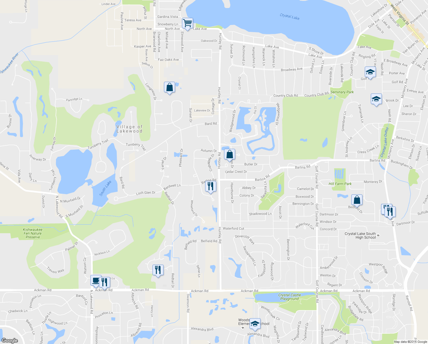 map of restaurants, bars, coffee shops, grocery stores, and more near 869 Crabapple Drive in Crystal Lake