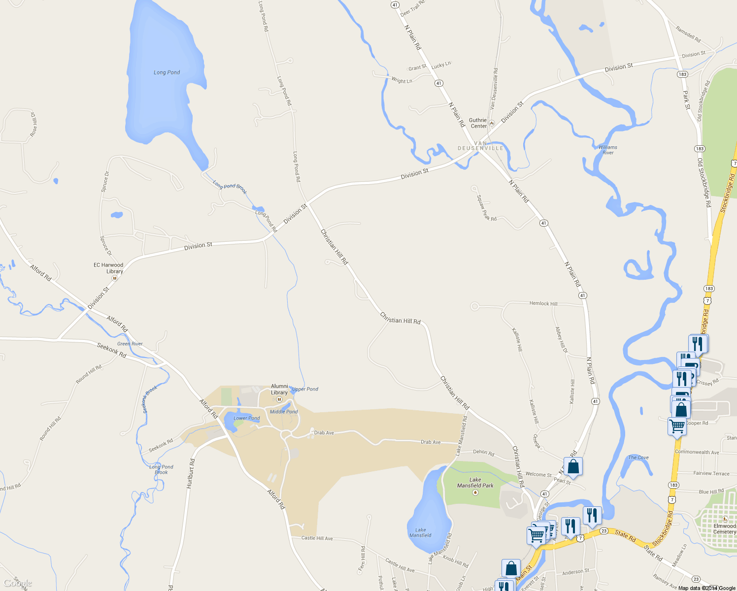 map of restaurants, bars, coffee shops, grocery stores, and more near 138 Christian Hill Road in Great Barrington