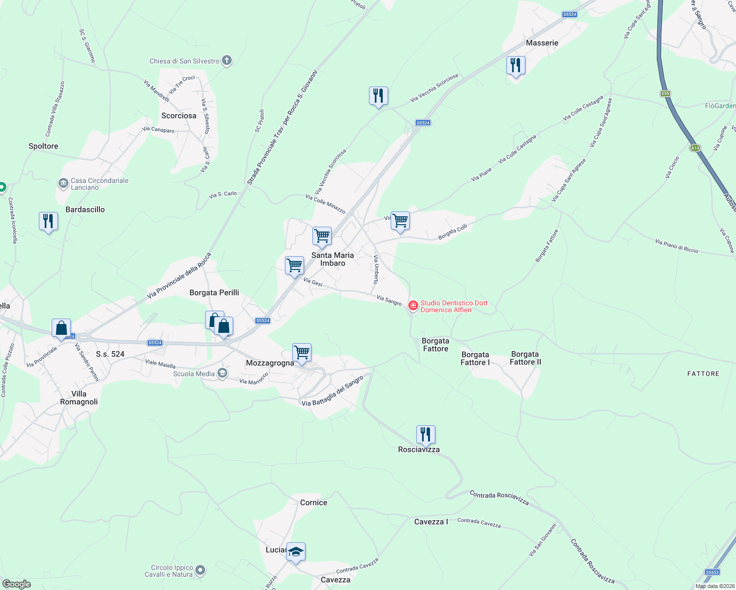 map of restaurants, bars, coffee shops, grocery stores, and more near 1 Via Roma in Santa Maria Imbaro