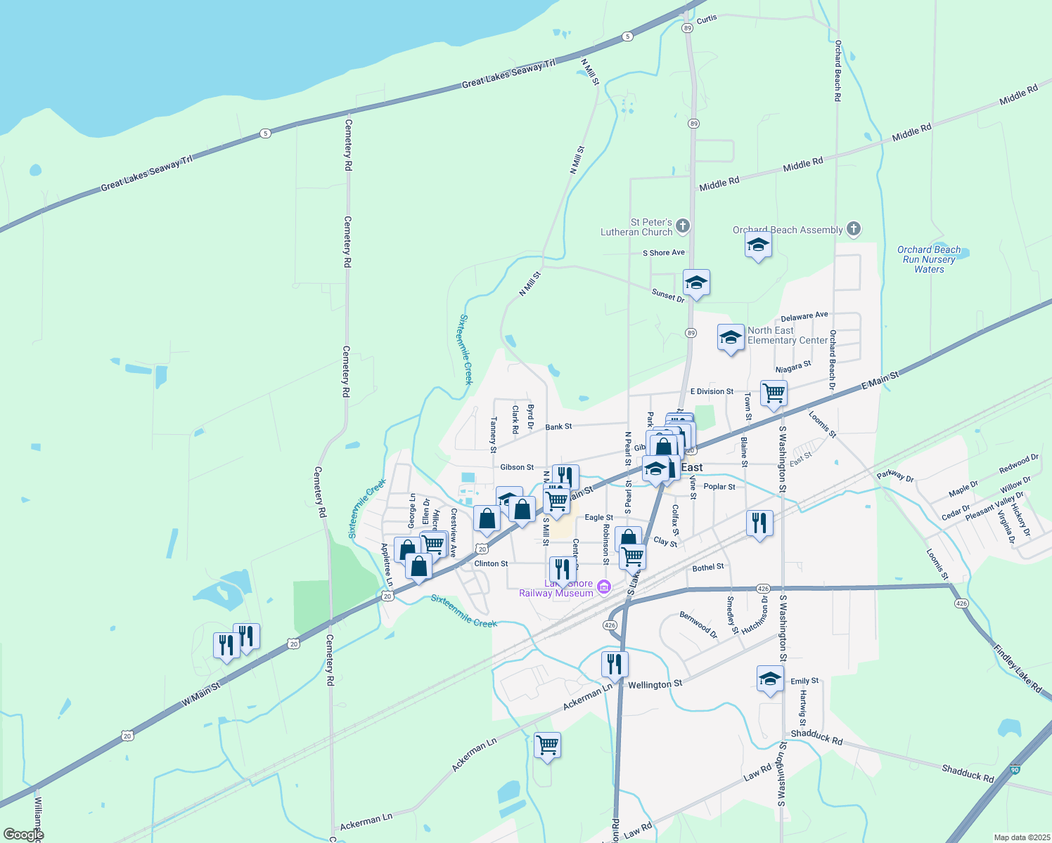 map of restaurants, bars, coffee shops, grocery stores, and more near 2510 Byrd Dr in North East