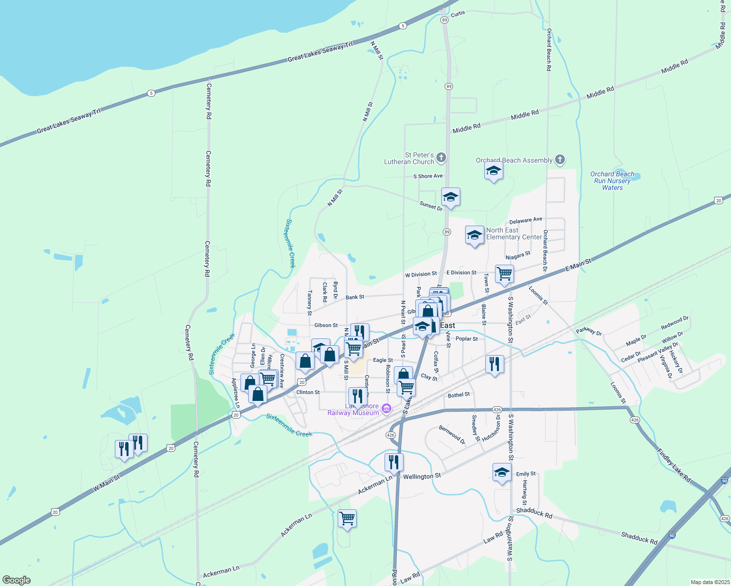map of restaurants, bars, coffee shops, grocery stores, and more near 44 Bank St in North East