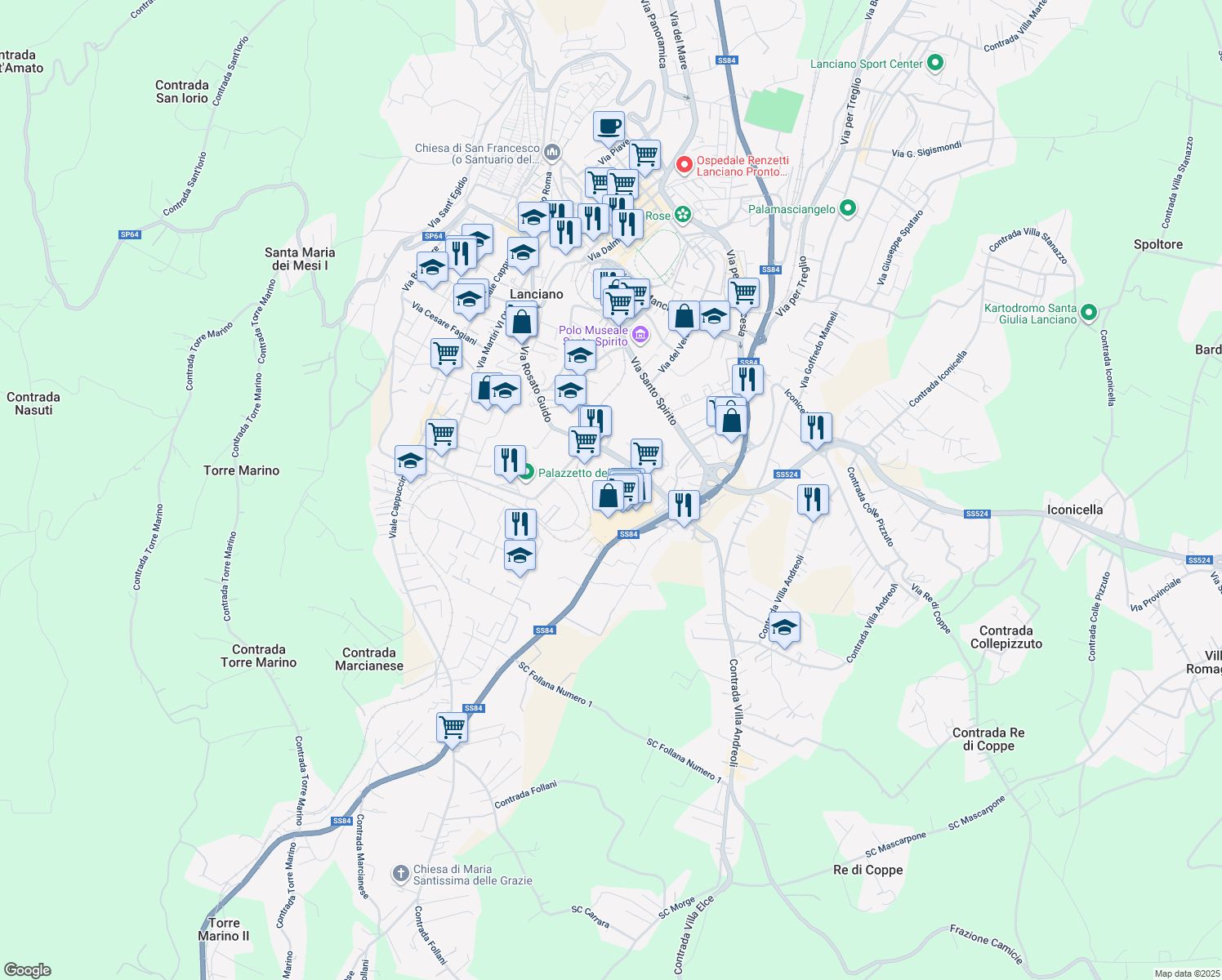 map of restaurants, bars, coffee shops, grocery stores, and more near Via Ercole Tinari in Lanciano