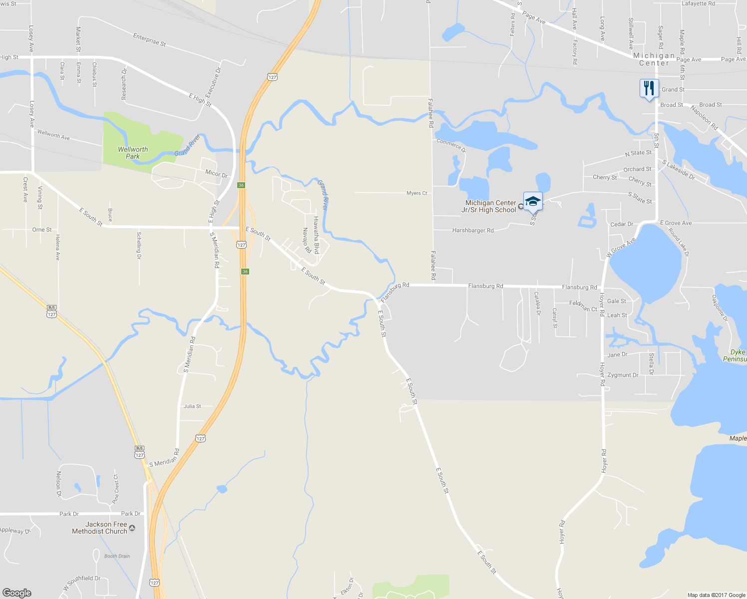map of restaurants, bars, coffee shops, grocery stores, and more near 2901 East South Street in Jackson