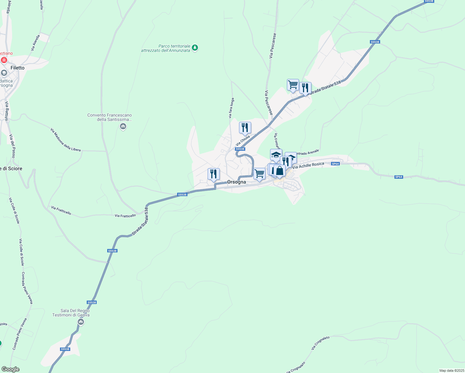 map of restaurants, bars, coffee shops, grocery stores, and more near 221 Via R. Paolucci in Orsogna