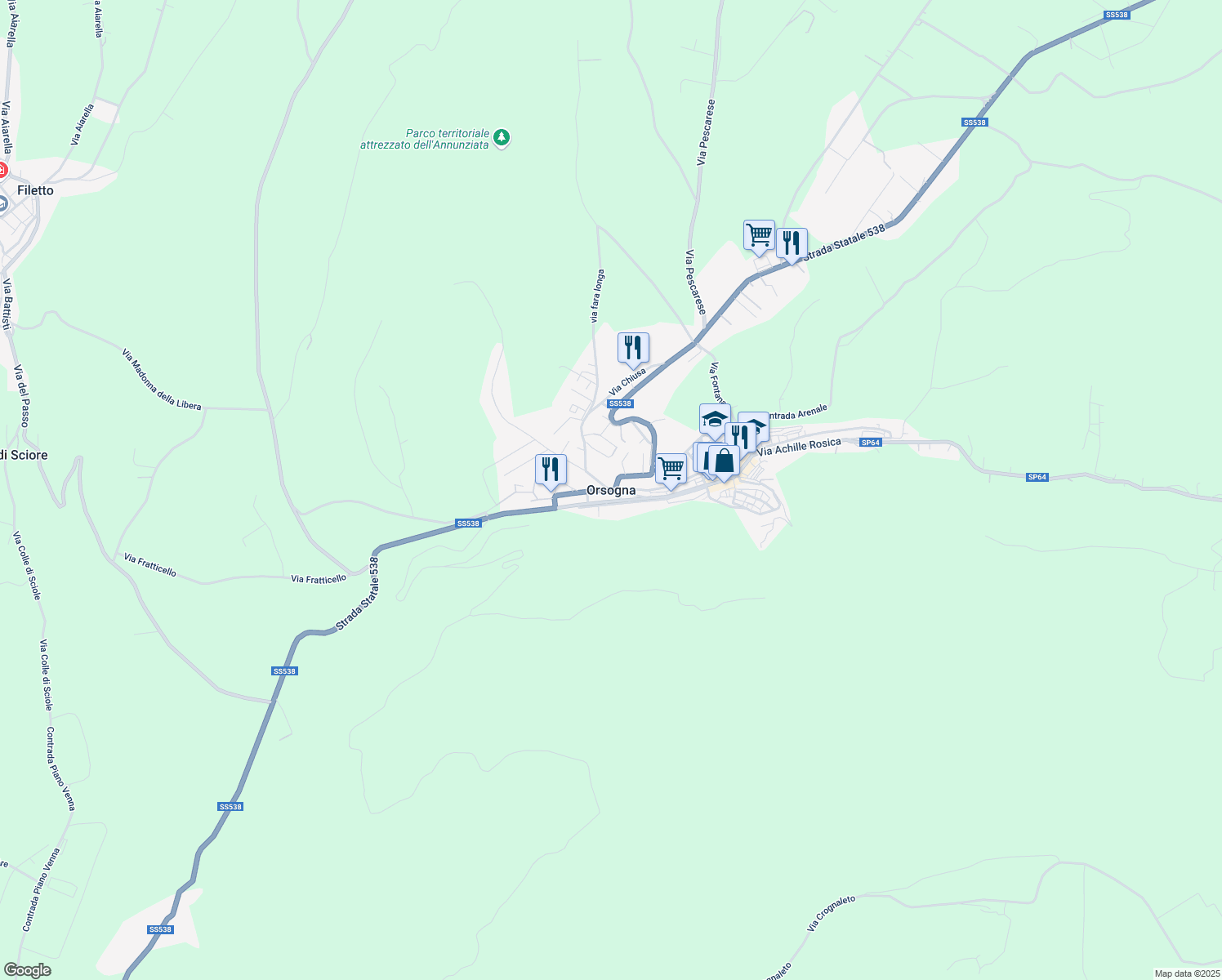 map of restaurants, bars, coffee shops, grocery stores, and more near 65 Strada Statale 538 in Orsogna
