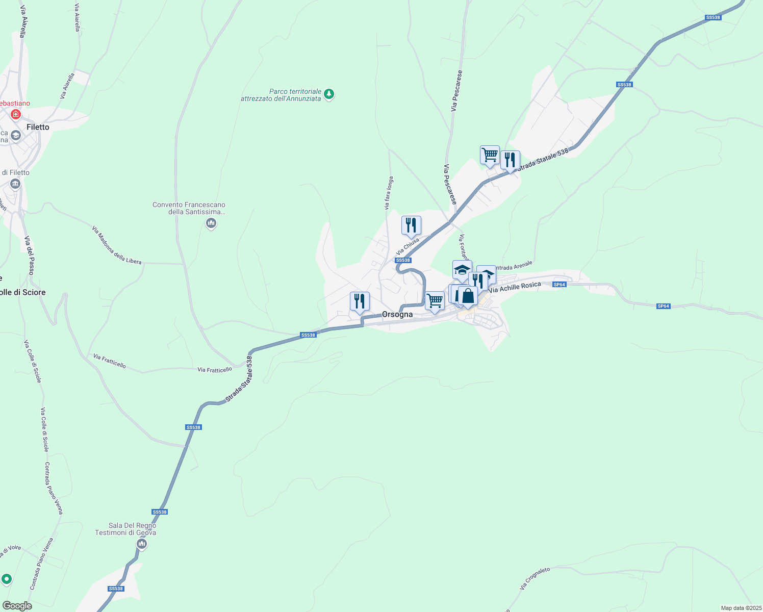 map of restaurants, bars, coffee shops, grocery stores, and more near 6 Via Torre Pellegrina in Orsogna