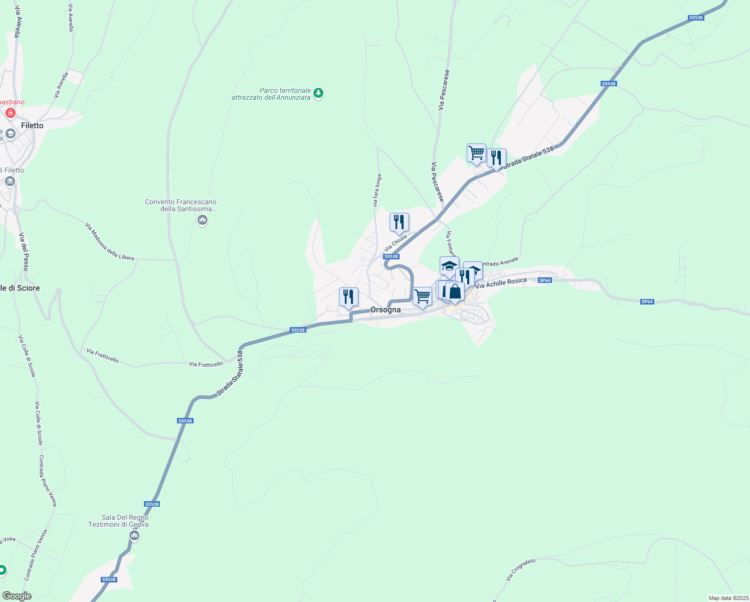 map of restaurants, bars, coffee shops, grocery stores, and more near 6 Via Torre Pellegrina in Orsogna