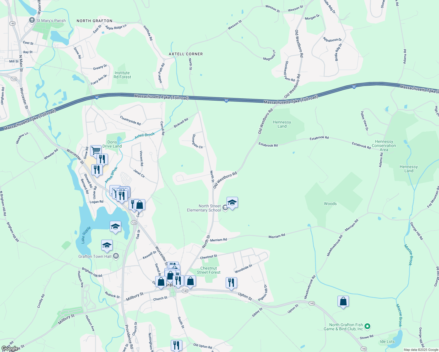 map of restaurants, bars, coffee shops, grocery stores, and more near 9 Old Westboro Road in Grafton