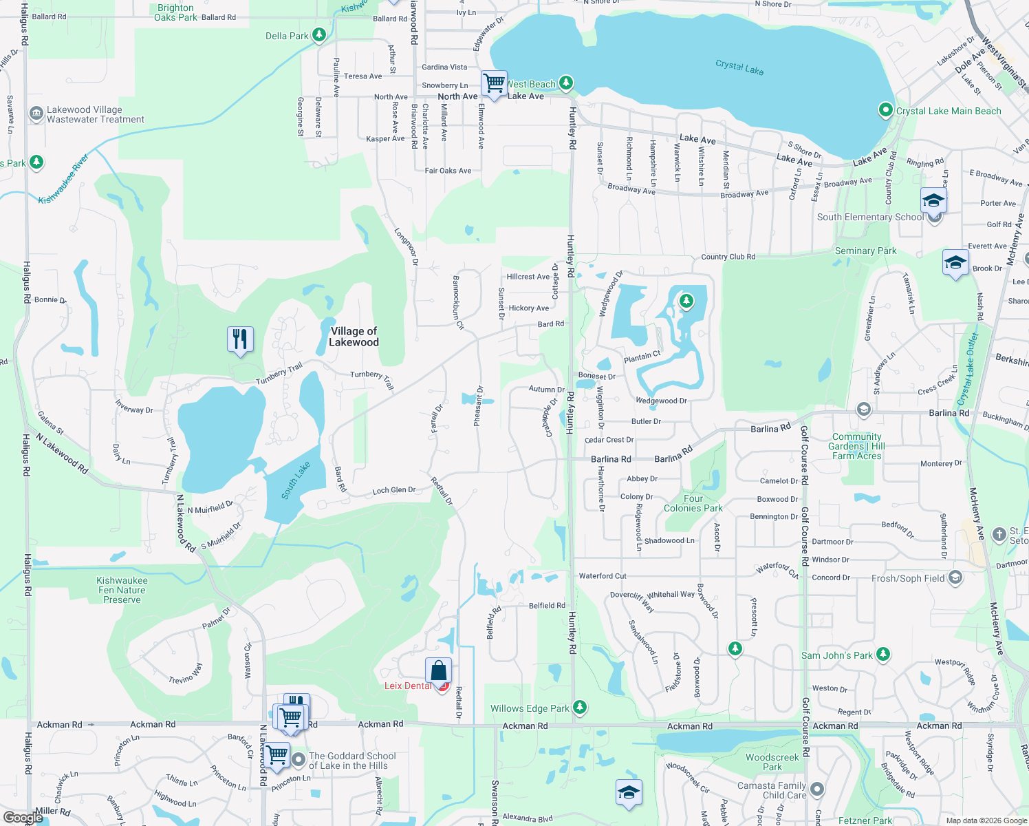 map of restaurants, bars, coffee shops, grocery stores, and more near 1275 High Plane Lane in Crystal Lake