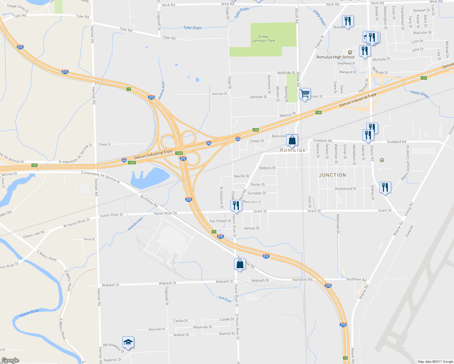 map of restaurants, bars, coffee shops, grocery stores, and more near 11338 Ozga Street in Romulus