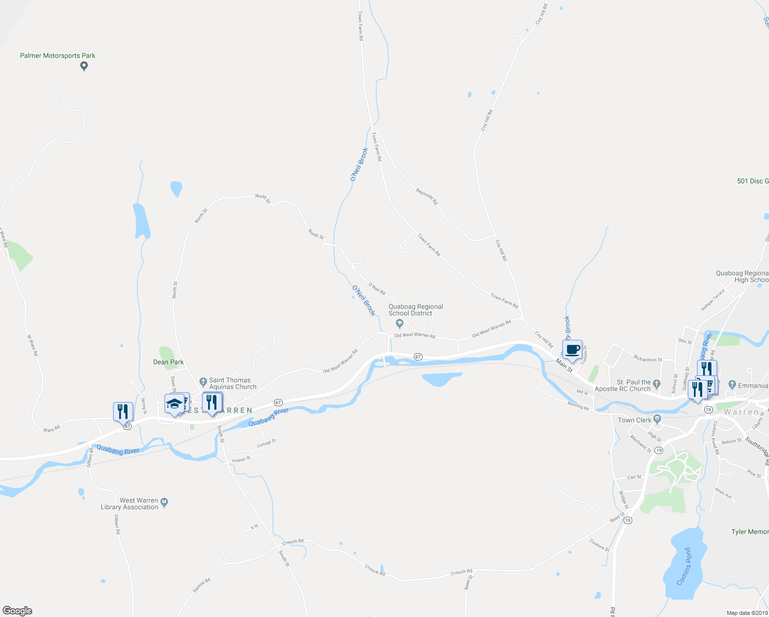 map of restaurants, bars, coffee shops, grocery stores, and more near 81 O'Neil Road in Warren