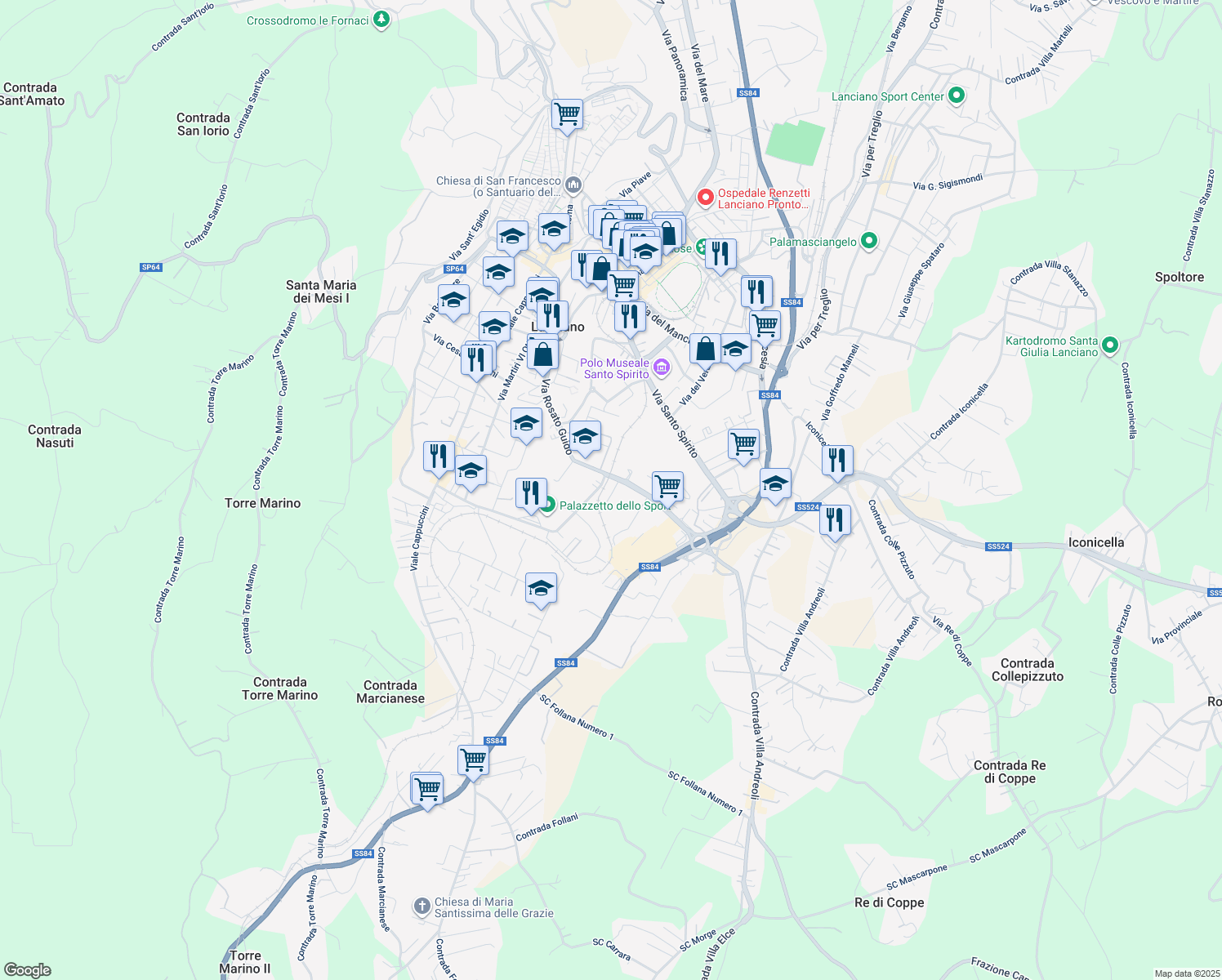 map of restaurants, bars, coffee shops, grocery stores, and more near Via Ercole Tinari in Lanciano