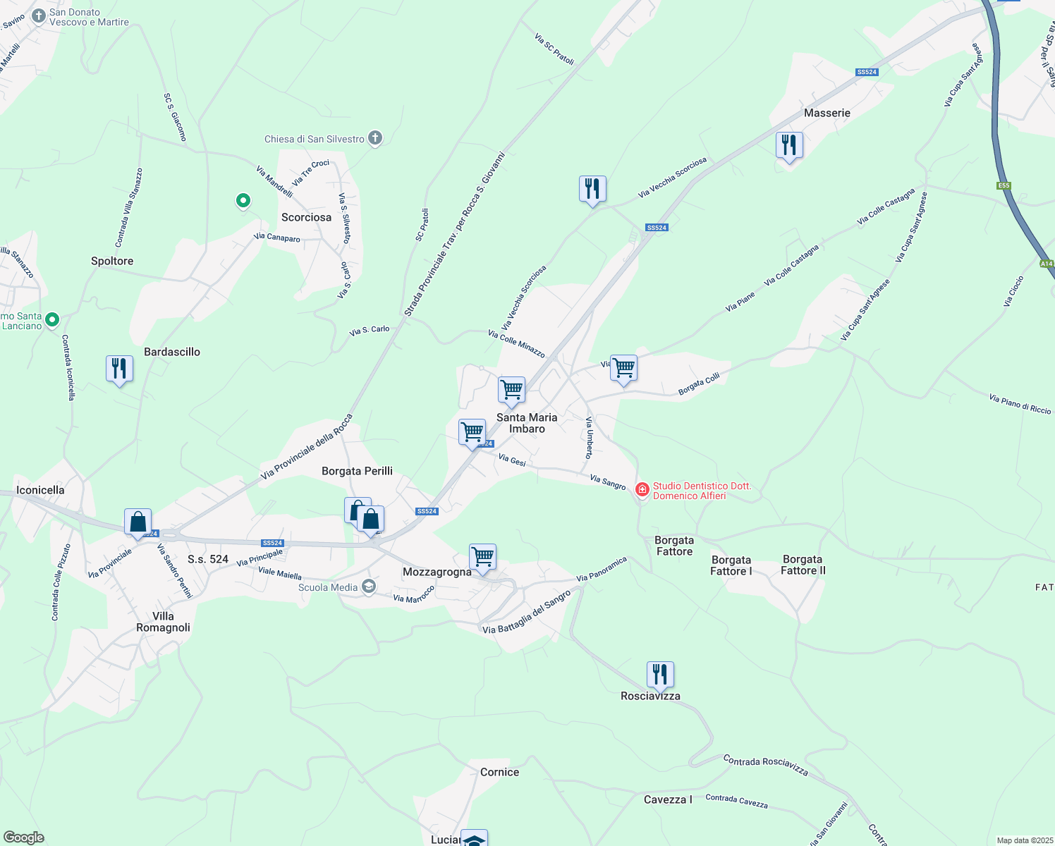 map of restaurants, bars, coffee shops, grocery stores, and more near 3-12 Strada Statale 524 in Provincia di Chieti